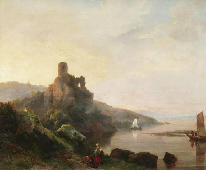 Pieter Lodewyk Kuhnen Romantic Rhine landscape with ruin at sunset oil painting picture